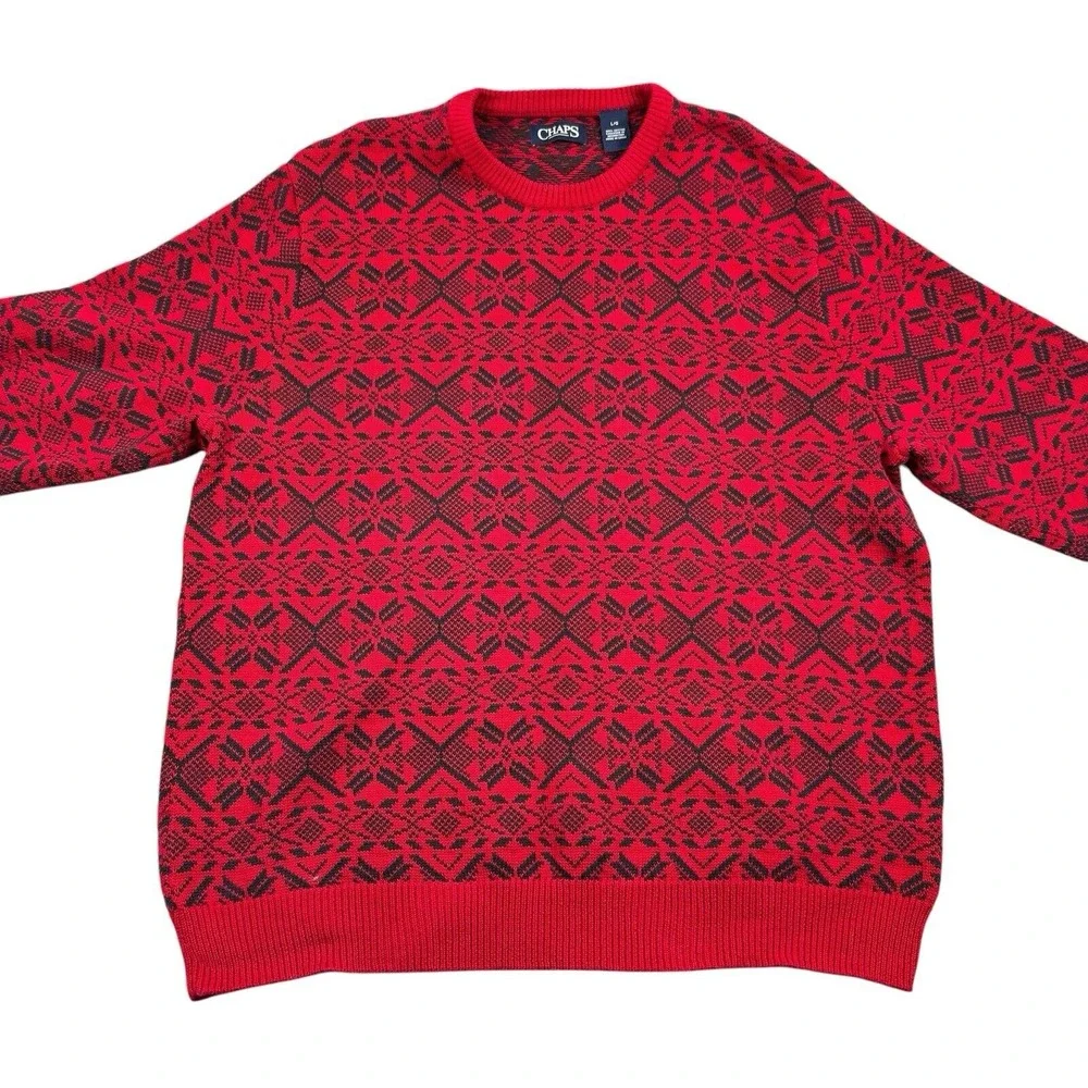 Chaps Sweater Mens L Red Charcoal Knit Winter Theme Preppy Grampcore Business‎